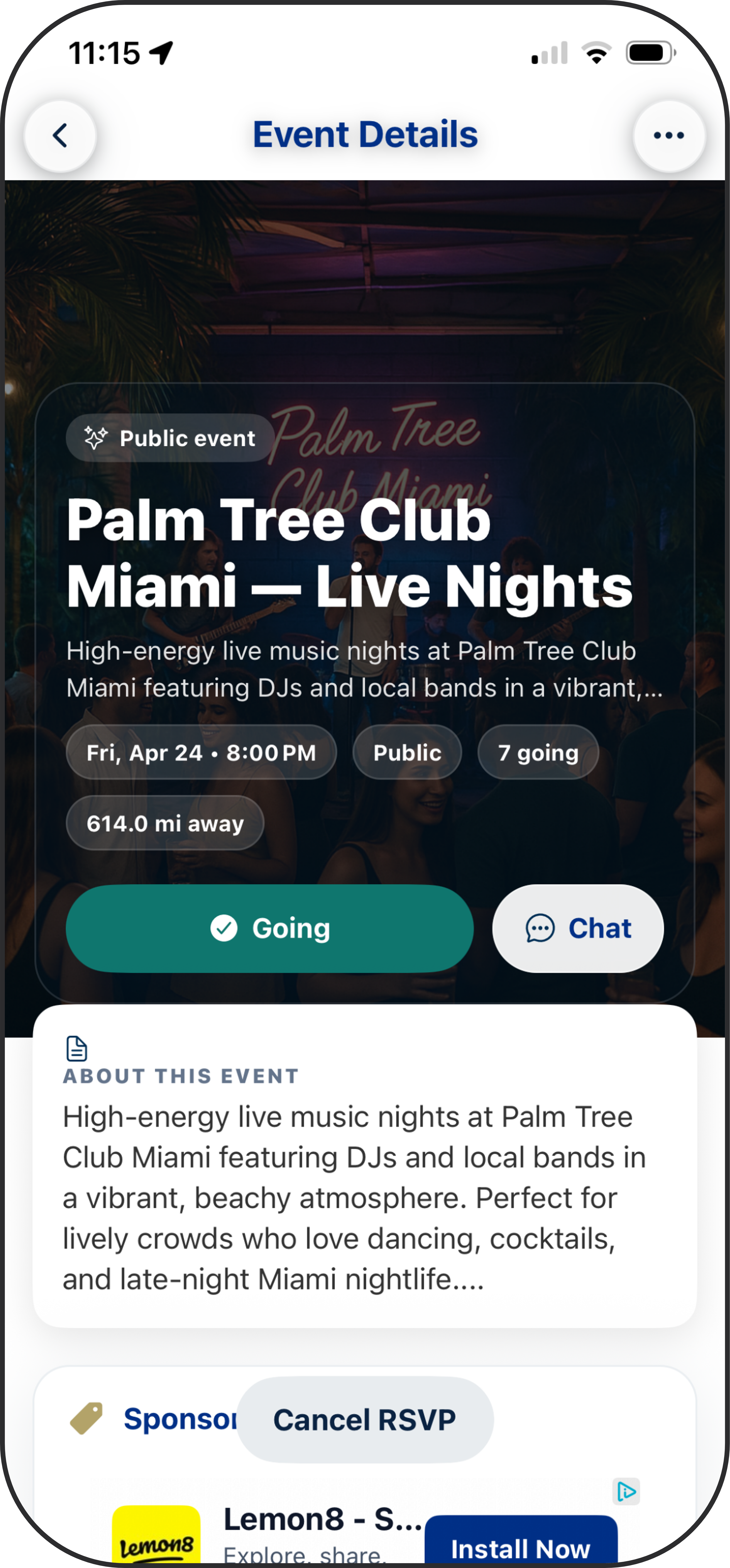 Friendli event details page showing time, location, description, and attendees
