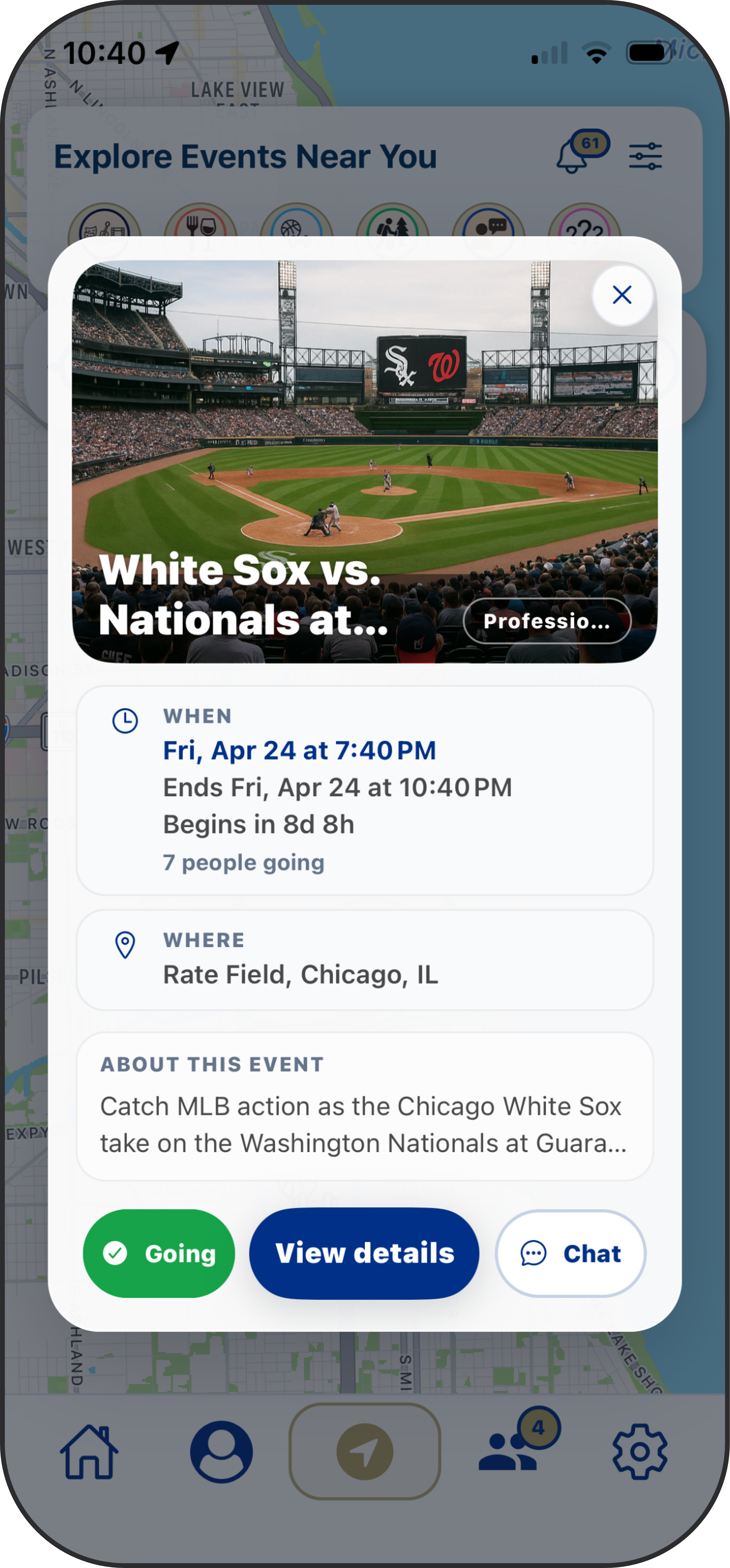 Friendli event preview modal with RSVP button and quick local event details