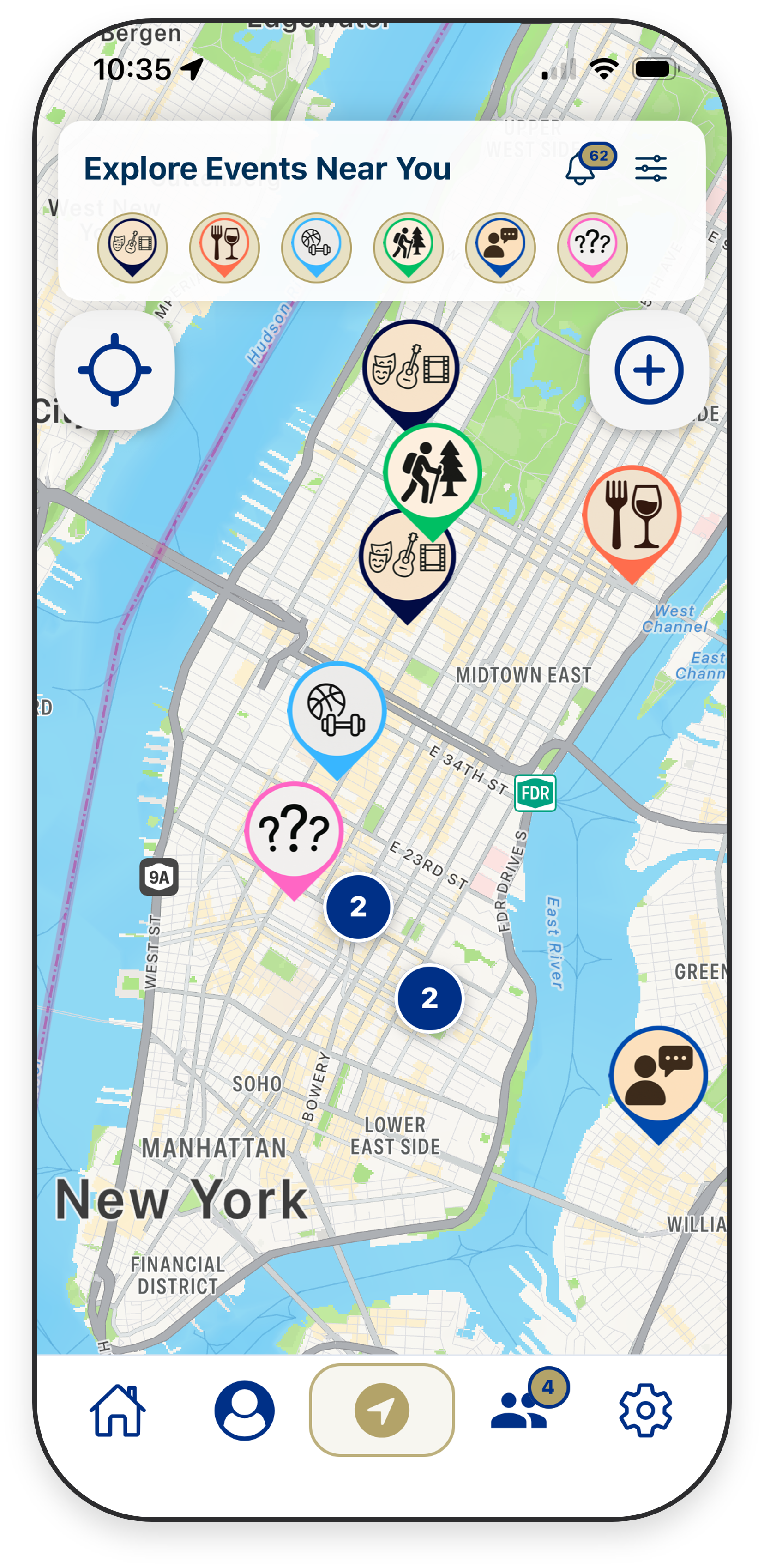 Friendli map screen showing nearby local events and things to do