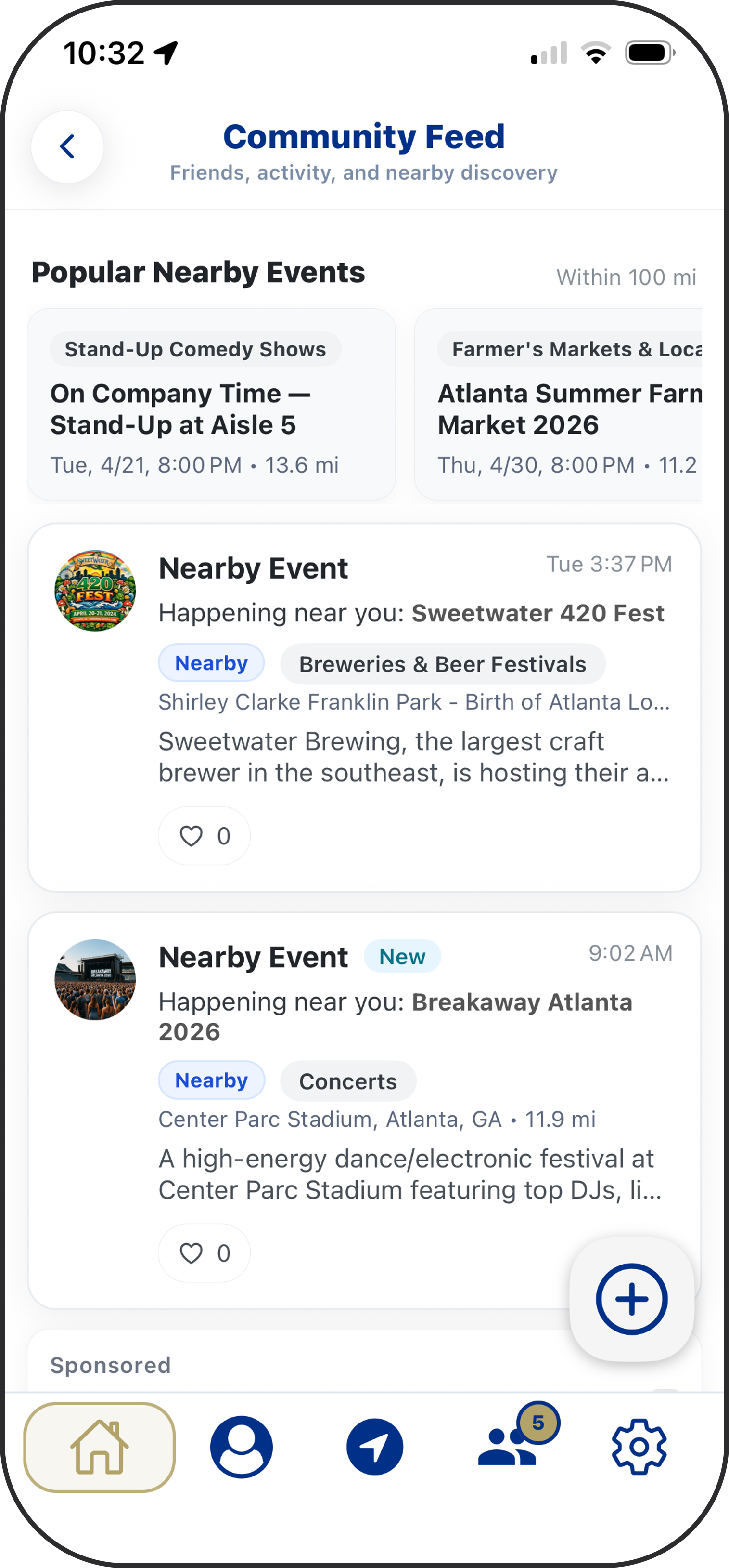 Friendli social feed showing friend activity, local events, and nearby plans